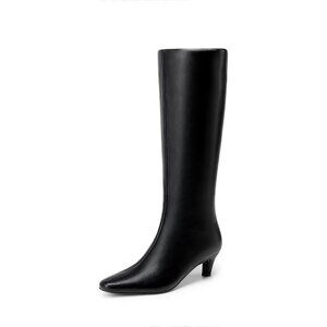 Women Knee High Boots 2 Inch Kitten Low Heel Fashion Sexy Square Toe Wide Calf